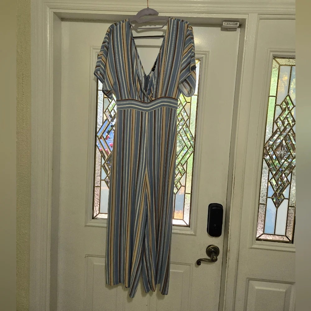 Lulu's Vacation Bae Brown/Blue/Wht Striped Jumpsuit Romper Sm. - Picture 2 of 7
